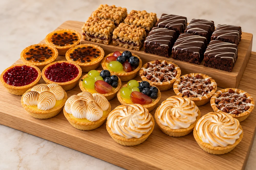 Mini tartaletas de fruta y merengue, crumble y bocados de chocolate presentados sobre madera